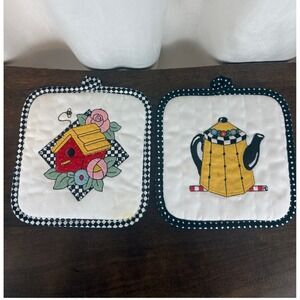 VTG Mary Engelbreit Home Set of TWO 8" Square Potholders Teapot Birdhouse